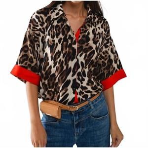 NEW Q2 leopard 3/4 sleeve button up shirt in brown